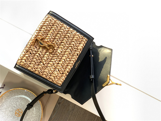 Y.S.L CASSANDRA MINI TOP HANDLE BAG IN Raffia and Leather Gold Tone Metal