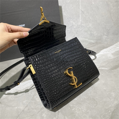 Y.S.L CASSANDRA MINI TOP HANDLE BAG IN CROCODILE EMBOSSED LEATHER Gold Tone Metal Black Color