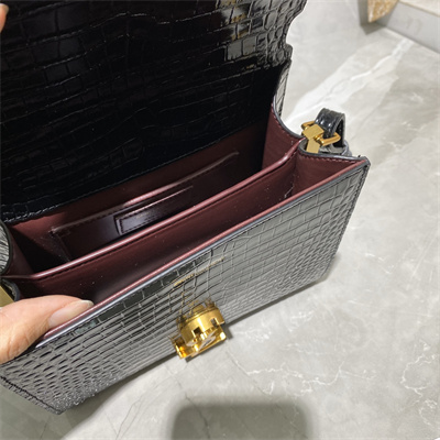 Y.S.L CASSANDRA MINI TOP HANDLE BAG IN CROCODILE EMBOSSED LEATHER Gold Tone Metal Black Color