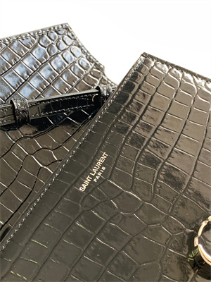 Y.S.L CASSANDRA MINI TOP HANDLE BAG IN CROCODILE EMBOSSED LEATHER Silver Tone Metal Black Color