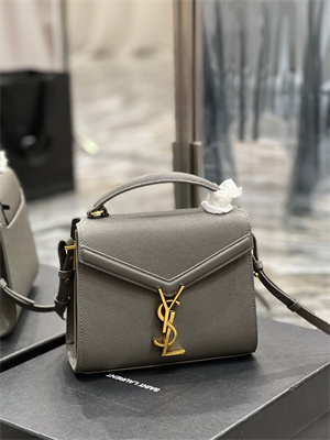 Y.S.L CASSANDRA MINI TOP HANDLE BAG IN DE POUDRE EMBOSSED LEATHER Gold Tone Metal Grey Color