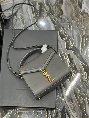 Y.S.L CASSANDRA MINI TOP HANDLE BAG IN DE POUDRE EMBOSSED LEATHER Gold Tone Metal Grey Color