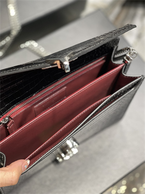 Y.S.L CASSANDRA CHAIN BAG IN CROCODILE EMBOSSED LEATHER Silver Tone Metal Black Color