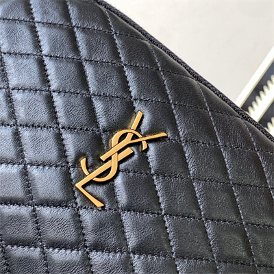 Y.S.L GABBY ZIPPED POUCH IN QUILTED LAMBSKIN Black Color Gold Tone Metal