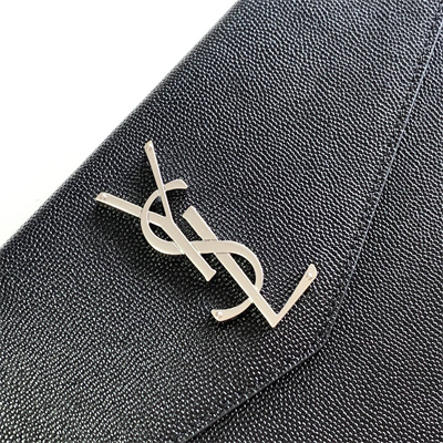 Y.S.L UPTOWN POUCH IN GRAIN DE POUDRE EMBOSSED LEATHER Black Color Silver Tone Metal