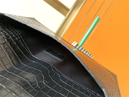 Y.S.L UPTOWN POUCH IN CROCODILE EMBOSSED LEATHER Black Color Silver Tone Metal