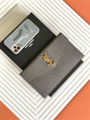 Y.S.L UPTOWN POUCH IN CROCODILE EMBOSSED LEATHER Grey Color Gold Tone Metal