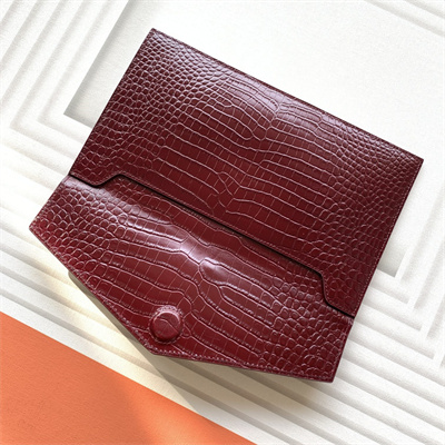 Y.S.L UPTOWN POUCH IN CROCODILE EMBOSSED LEATHER Burgundy Color Gold Tone Metal