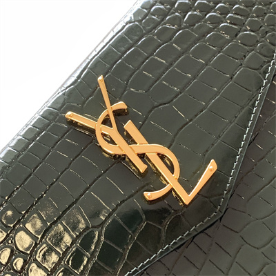 Y.S.L UPTOWN POUCH IN CROCODILE EMBOSSED LEATHER Dk Green Color Gold Tone Metal