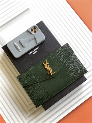 Y.S.L UPTOWN POUCH IN CROCODILE EMBOSSED LEATHER Dk Green Color Gold Tone Metal
