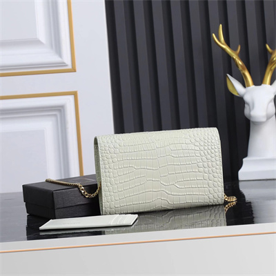 Y.S.L UPTOWN CHAIN WALLET IN CROCODILE EMBOSSED LEATHER White Color Gold Tone Metal