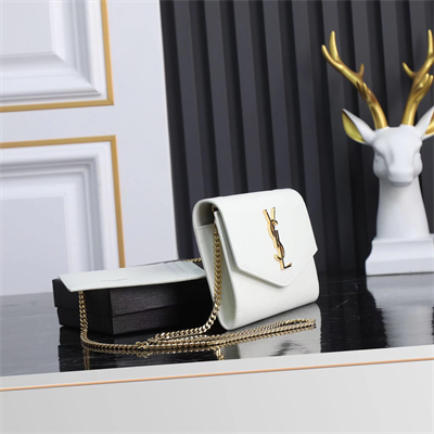 Y.S.L UPTOWN CHAIN WALLET IN GRAIN DE POUDRE EMBOSSED LEATHER White Color Gold Tone Metal