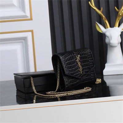 Y.S.L UPTOWN CHAIN WALLET IN CROCODILE EMBOSSED LEATHER Black Color Gold Tone Metal