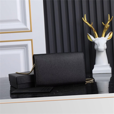 Y.S.L UPTOWN CHAIN WALLET IN GRAIN DE POUDRE EMBOSSED LEATHER Black Color Gold Tone Metal