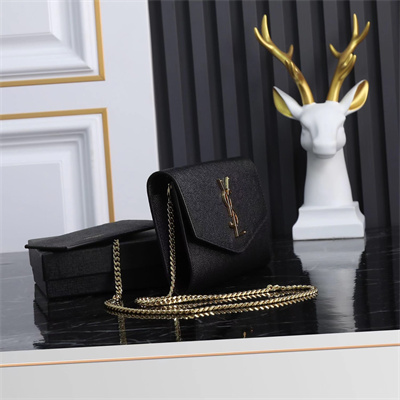 Y.S.L UPTOWN CHAIN WALLET IN GRAIN DE POUDRE EMBOSSED LEATHER Black Color Gold Tone Metal