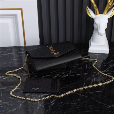 Y.S.L UPTOWN CHAIN WALLET IN GRAIN DE POUDRE EMBOSSED LEATHER Black Color Gold Tone Metal