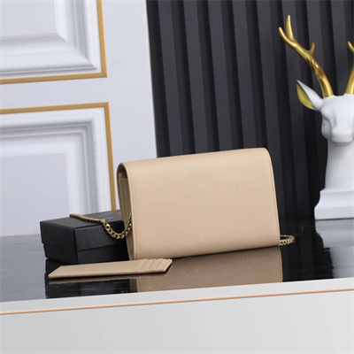 Y.S.L UPTOWN CHAIN WALLET IN GRAIN DE POUDRE EMBOSSED LEATHER Beige Color Gold Tone Metal