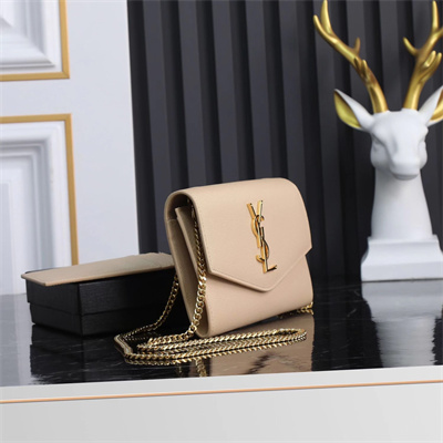 Y.S.L UPTOWN CHAIN WALLET IN GRAIN DE POUDRE EMBOSSED LEATHER Beige Color Gold Tone Metal