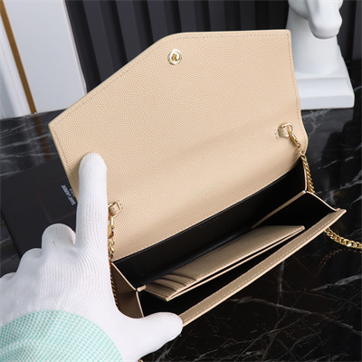 Y.S.L UPTOWN CHAIN WALLET IN GRAIN DE POUDRE EMBOSSED LEATHER Beige Color Gold Tone Metal