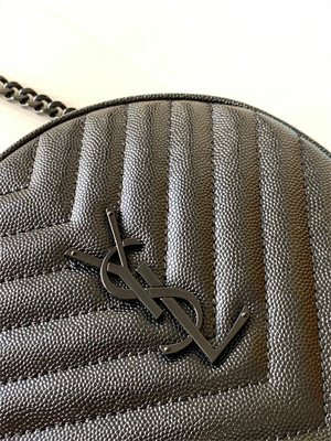 Y.S.L VINYLE ROUND CAMERA BAG IN Black Chevron Quilted Grain De Poudre Embossed Leather Black Tone Metal