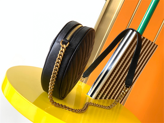 Y.S.L VINYLE ROUND CAMERA BAG IN Black Chevron Quilted Grain De Poudre Embossed Leather Gold Tone Metal