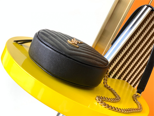 Y.S.L VINYLE ROUND CAMERA BAG IN Black Chevron Quilted Grain De Poudre Embossed Leather Gold Tone Metal