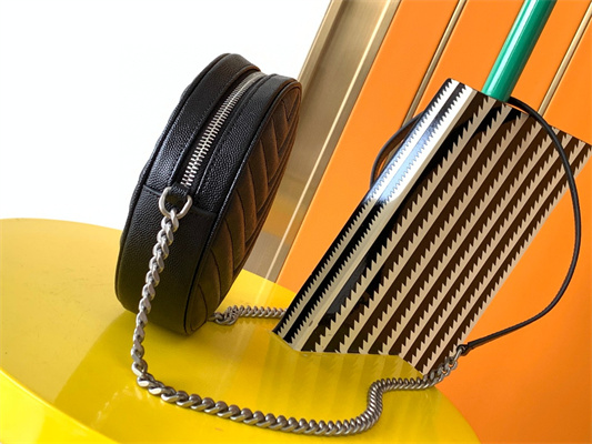 Y.S.L VINYLE ROUND CAMERA BAG IN Black Chevron Quilted Grain De Poudre Embossed Leather Silver Tone Metal