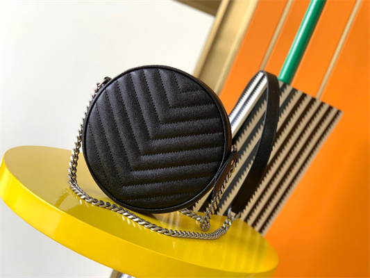 Y.S.L VINYLE ROUND CAMERA BAG IN Black Chevron Quilted Grain De Poudre Embossed Leather Silver Tone Metal