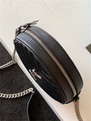 Y.S.L VINYLE ROUND CAMERA BAG IN Black Chevron Quilted Grain De Poudre Embossed Leather Silver Tone Metal