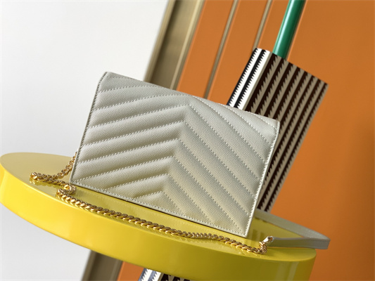 Y.S.L CASSANDRA ENVELOPE CHAIN WALLET IN GRAIN DEPOUDRE LEATHER White Color Gold Tone Metal