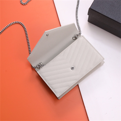 Y.S.L CASSANDRA ENVELOPE CHAIN WALLET IN GRAIN DEPOUDRE LEATHER White Color Silver Tone Metal