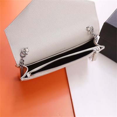 Y.S.L CASSANDRA ENVELOPE CHAIN WALLET IN GRAIN DEPOUDRE LEATHER White Color Silver Tone Metal