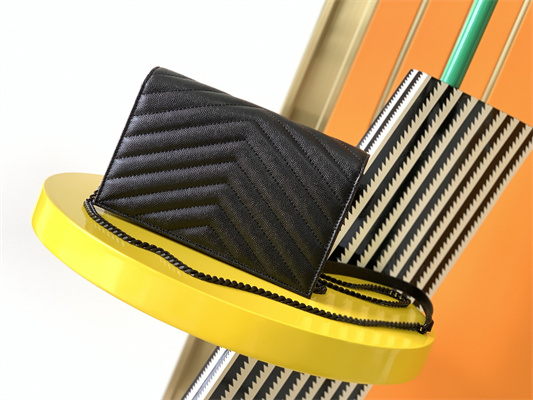 Y.S.L CASSANDRA ENVELOPE CHAIN WALLET IN GRAIN DEPOUDRE LEATHER Black Color Black Tone Metal