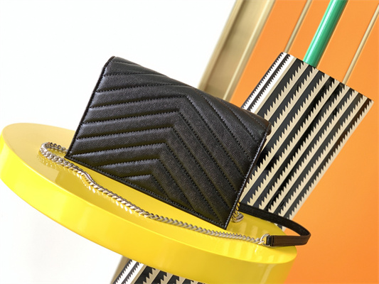 Y.S.L CASSANDRA ENVELOPE CHAIN WALLET IN GRAIN DEPOUDRE LEATHER Black Color Silver Tone Metal