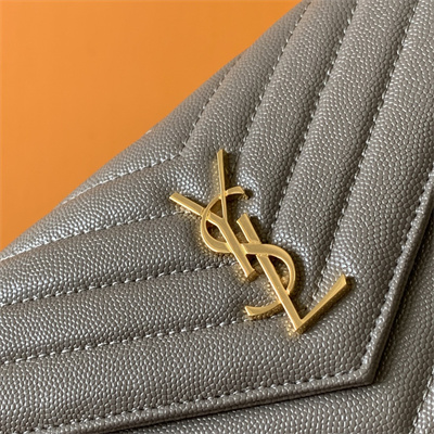 Y.S.L CASSANDRA ENVELOPE CHAIN WALLET IN GRAIN DEPOUDRE LEATHER Grey Color Gold Tone Metal