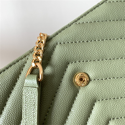 Y.S.L CASSANDRA ENVELOPE CHAIN WALLET IN GRAIN DEPOUDRE LEATHER Lt Green Color Gold Tone Metal