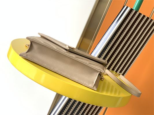 Y.S.L CASSANDRA ENVELOPE CHAIN WALLET IN GRAIN DEPOUDRE LEATHER Beige Color Gold Tone Metal