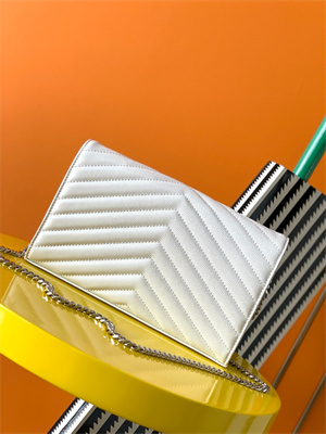 Y.S.L CLASSIC CASSANDRA CHAIN WALLET IN GRAIN DEPOUDRE LEATHER White Color Silver Tone Metal