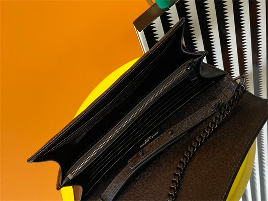 Y.S.L CLASSIC CASSANDRA CHAIN WALLET IN GRAIN DEPOUDRE LEATHER Black Color Black Tone Metal