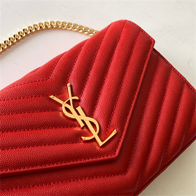 Y.S.L CLASSIC CASSANDRA CHAIN WALLET IN GRAIN DEPOUDRE LEATHER Red Color Gold Tone Metal