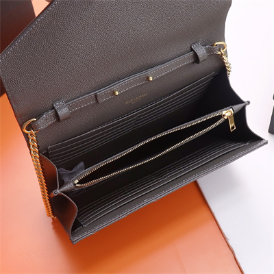 Y.S.L CLASSIC CASSANDRA CHAIN WALLET IN GRAIN DEPOUDRE LEATHER Grey Color Gold Tone Metal