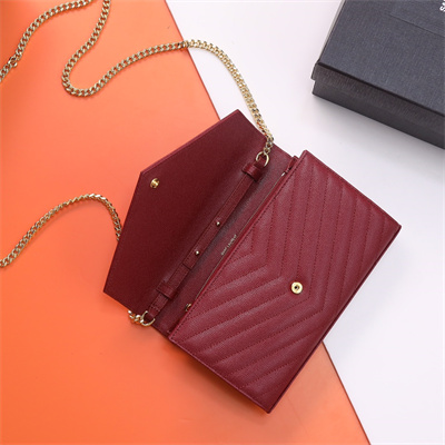 Y.S.L CLASSIC CASSANDRA CHAIN WALLET IN GRAIN DEPOUDRE LEATHER Burgundy Color Gold Tone Metal