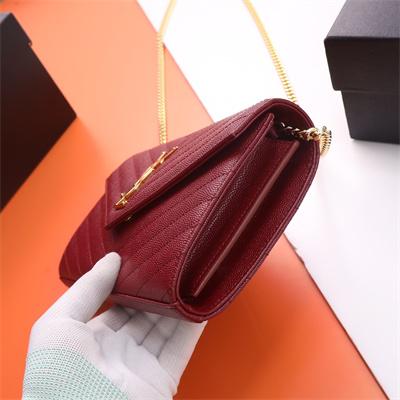 Y.S.L CLASSIC CASSANDRA CHAIN WALLET IN GRAIN DEPOUDRE LEATHER Burgundy Color Gold Tone Metal