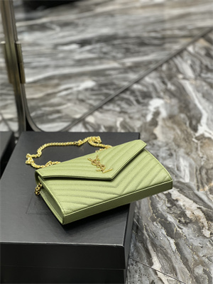 Y.S.L CLASSIC CASSANDRA CHAIN WALLET IN GRAIN DEPOUDRE LEATHER Lt Green Color Gold Tone Metal