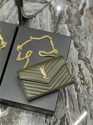 Y.S.L CLASSIC CASSANDRA CHAIN WALLET IN GRAIN DEPOUDRE LEATHER Dk Green Color Gold Tone Metal