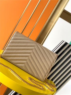 Y.S.L CLASSIC CASSANDRA CHAIN WALLET IN GRAIN DEPOUDRE LEATHER Beige Color Gold Tone Metal