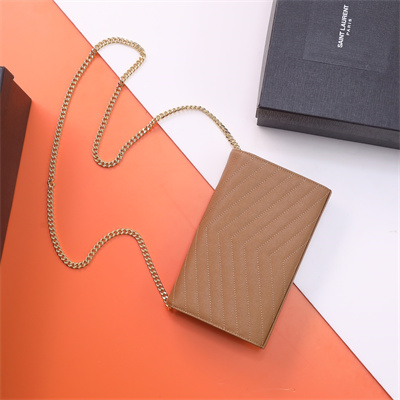 Y.S.L CLASSIC CASSANDRA CHAIN WALLET IN GRAIN DEPOUDRE LEATHER Brown Color Gold Tone Metal