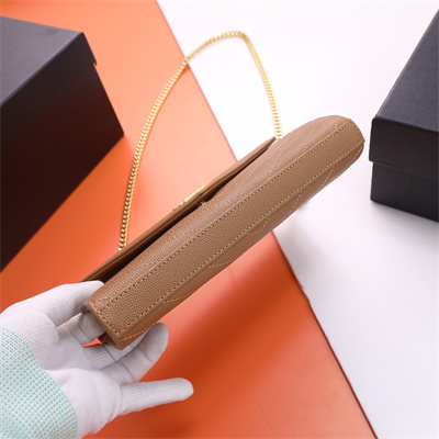 Y.S.L CLASSIC CASSANDRA CHAIN WALLET IN GRAIN DEPOUDRE LEATHER Brown Color Gold Tone Metal