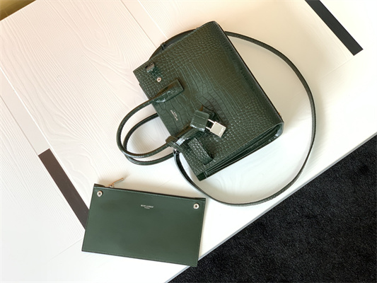 Y.S.L SAC DE JOUR BABY In Dk Green Corcodile Embossed Leather Silver Tone Metal