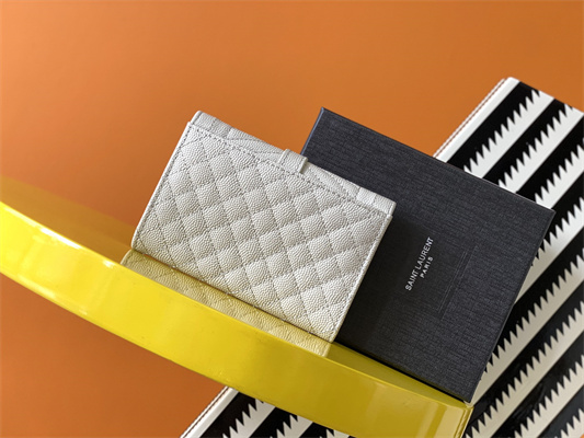 Y.S.L SMALL ENVELOPE WALLET IN MIX MATELASS?? GRAIN DE POUDRE EMBOSSED LEATHER White Color Gold Tone Metal